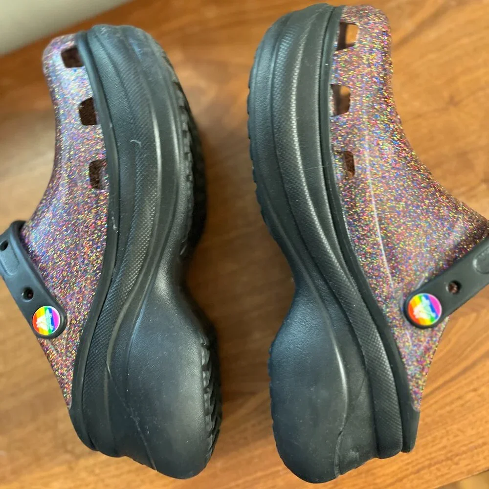 transparent irredscent glitter violet croc platform bae- queer pride collectible